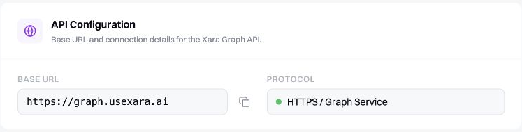 The API configuration card showing the Xara Graph API base URL and HTTPS protocol