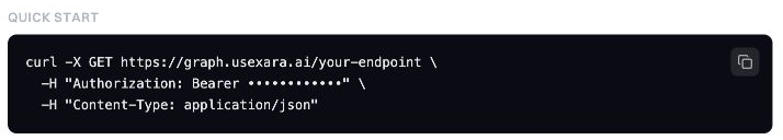 A credential-free quickstart request from the Xara developer dashboard