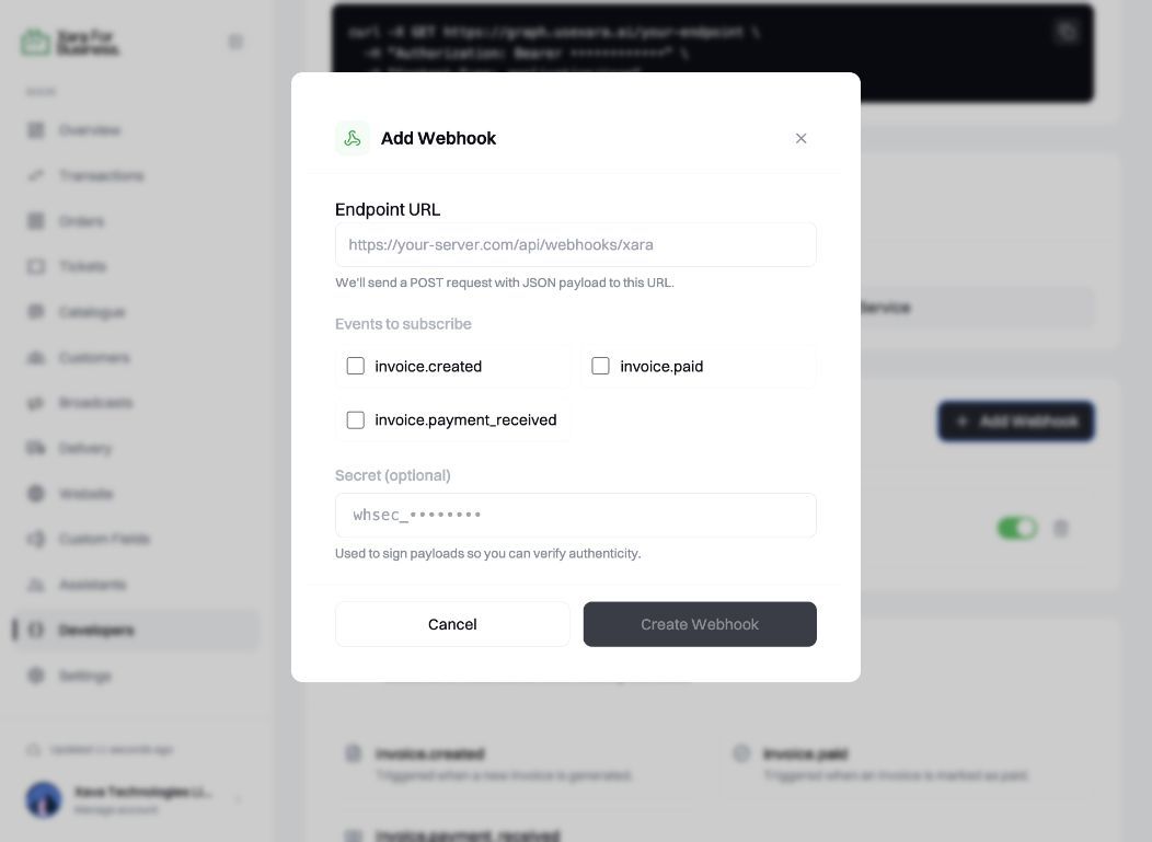 The Add Webhook form in the Xara developer dashboard, with fields for the endpoint URL, events, and an optional secret