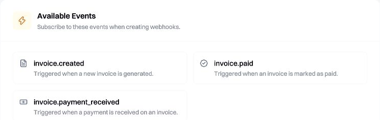 The webhook events available in the Xara developer dashboard